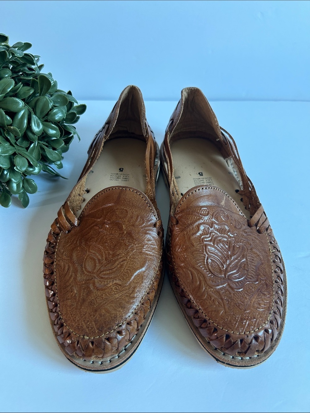 Mexican Style Brown Floral-Tooled Leather Woven-Trim Slip-On Sandals